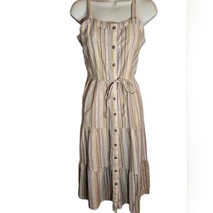 Striped Multicolor Button-Down Tiered Midi Dress, Pockets, Med